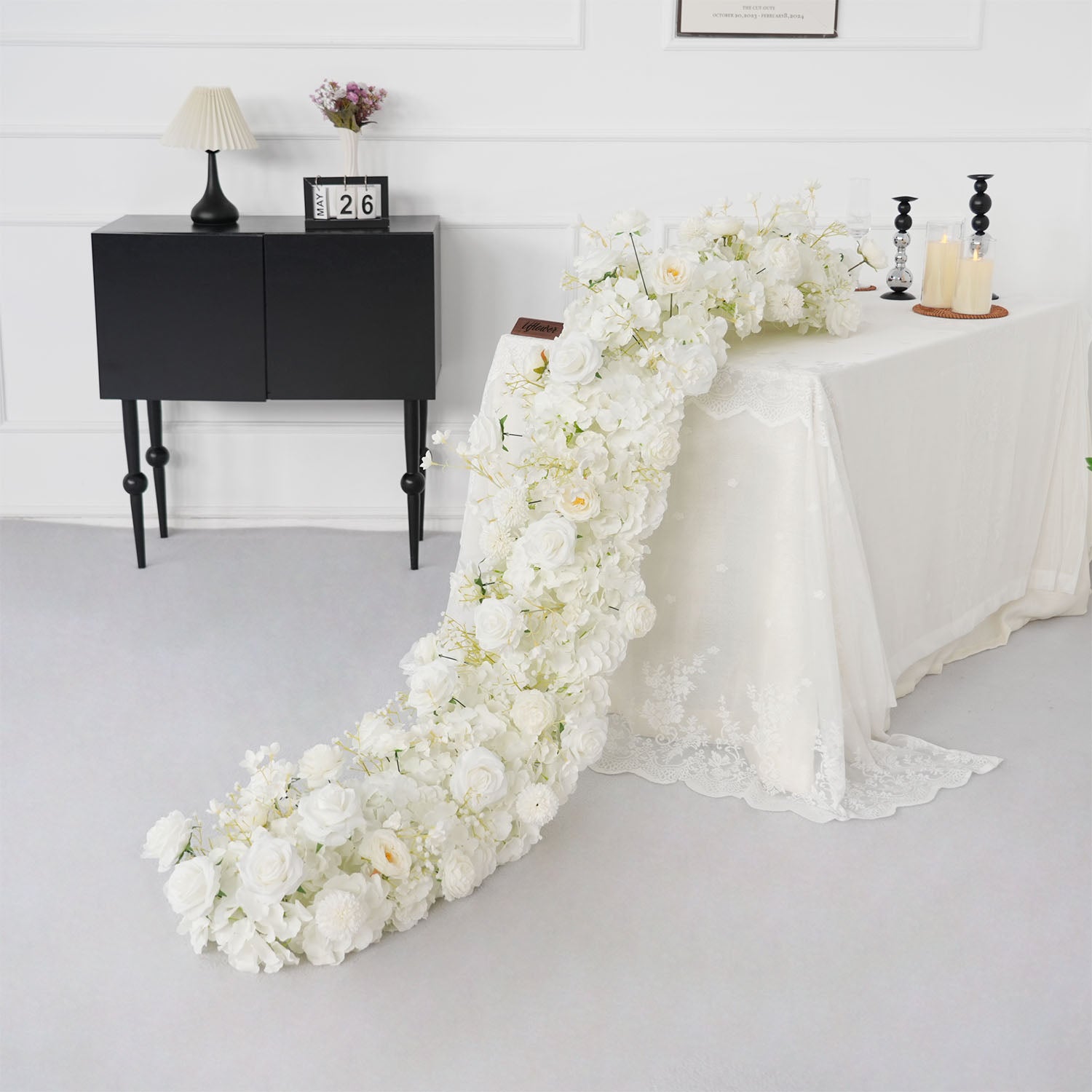 Uflower White Rose Table Runner Sofa Floral Wedding Backdrop Decor